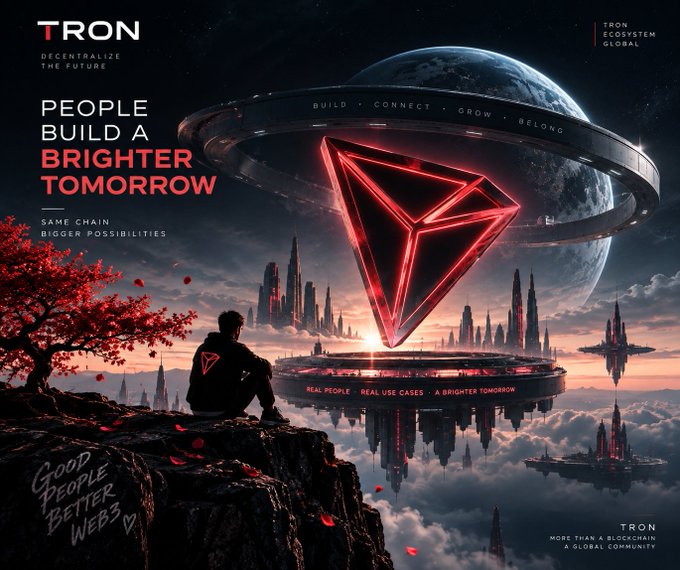 A TRON blockchain advertisement showing a figure sitting on a cliff overlooking a futuristic floating city with a glowing red TRON diamond logo, with text reading 'PEOPLE BUILD A BRIGHTER TOMORROW' and 'DECENTRALIZE THE FUTURE'.