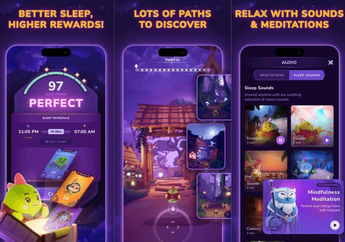 A three-panel promotional screenshot for a sleep and meditation app showing 'BETTER SLEEP, HIGHER REWARDS!' with a 97 quality score, 'LOTS OF PATHS TO DISCOVER' with a fantasy game environment, and 'RELAX WITH SOUNDS & MEDITATIONS' featuring a meditation library.