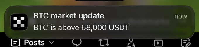 A smartphone notification banner reading 'BTC market update: BTC is above 68,000 USDT'.