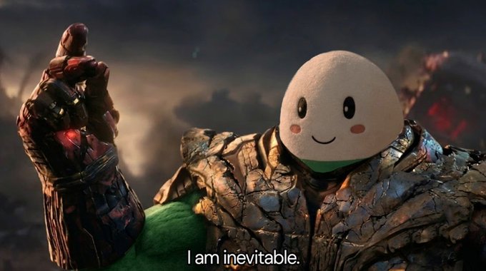A meme features a smiling egg character superimposed onto Thanos' armored body raising his fist, with the caption "I am inevitable." — humorously referencing the post's claim that the $CUPSEY token is unstoppable.