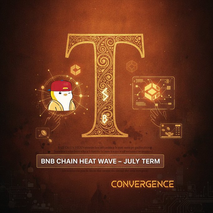 A stylized graphic featuring a large ornate letter "T" on a dark orange background, flanked by a penguin mascot and a hexagonal dashboard icon, with text reading "BNB CHAIN HEAT WAVE – JULY TERM" and "CONVERGENCE," promoting TermMaxFi's July term offerings on BNB Chain alongside the post's discussion of upcoming July maturities on SPY, QQQ, and XAUT.