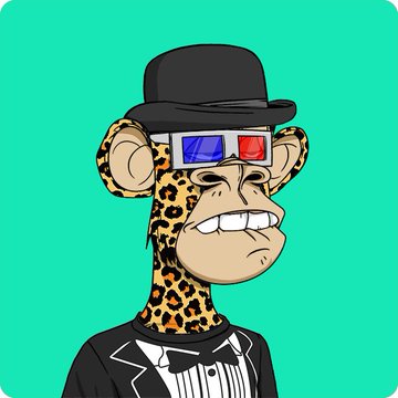 A cartoon illustration of a bored-looking ape character wearing a black bowler hat, red-and-blue 3D glasses, and a tuxedo, set against a teal background.