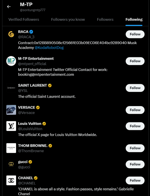 The image features a social media post that displays multiple logos, including logos from fashion brands such as Louis Vuitton and Chanel. The post has various options for following people, with a list of names displayed at the top right corner and links below each name. Additionally, there is information about the following people listed on the bottom left side of the image.