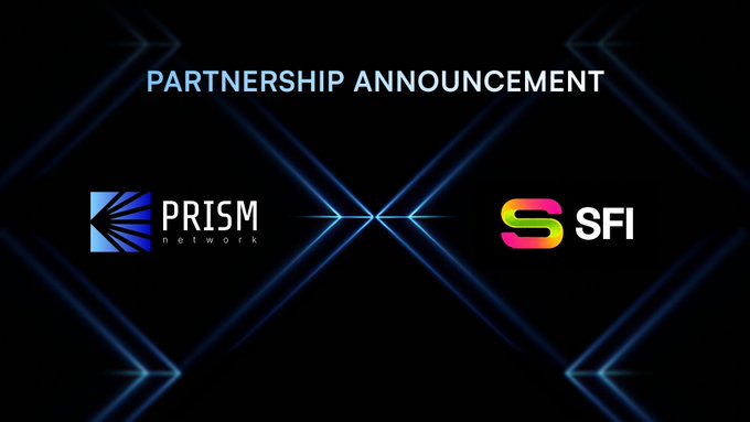 The image is a partnership announcement graphic featuring the logos of "PRISM Network" and "SFI" displayed on either side, connected by crossing blue light beams against a black background, with "PARTNERSHIP ANNOUNCEMENT" written at the top in light blue text.