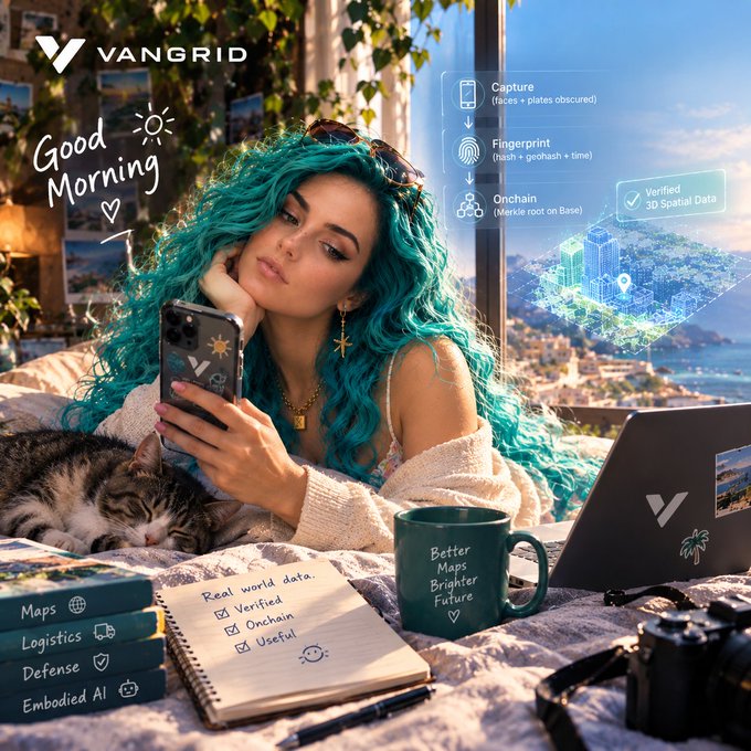 A young woman with vibrant teal hair lounges in bed holding a smartphone, accompanied by a sleeping tabby cat, with the VANGRID logo, "Good Morning" text, and a holographic data capture interface (showing "Capture," "Fingerprint," and "Onchain" steps) overlaid alongside a notebook reading "Real world data: Verified, Onchain, Useful." The image visually reinforces the post by illustrating the on-device privacy process—faces and plates being obscured and fingerprinted at source before the data is verified and recorded on the Merkle root, as depicted in the surrounding tech overlays.