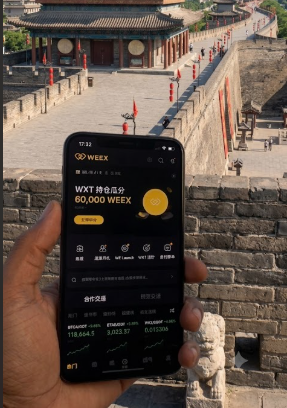 A hand holding a smartphone displaying the WEEX cryptocurrency exchange app, showing a 60,000 WEEX deposit bonus promotion, with the Great Wall of China visible in the background.