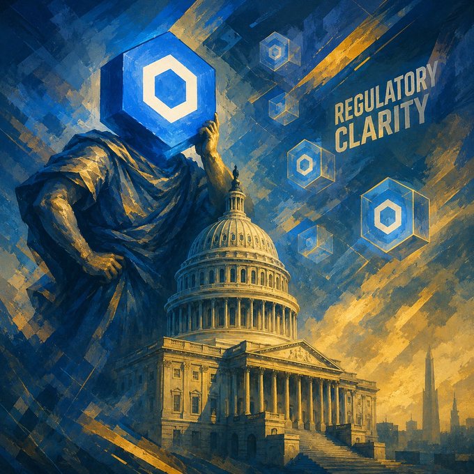 A stylized digital artwork titled 'REGULATORY CLARITY' featuring a statue holding a hexagonal token above a domed government building resembling the US Capitol.