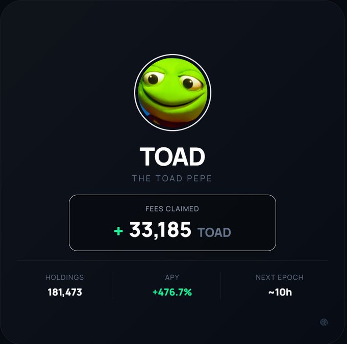 A digital dashboard for 'TOAD THE TOAD PEPE' showing '+33,185 TOAD' fees claimed, with holdings of 181,473, an APY of +476.7%, and a next epoch countdown of ~10h.