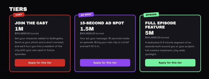 A pricing tier breakdown for $SOLANGELES, featuring three sponsorship options: "Join the Cast" for 1M $SOLANGELES, a "15-Second Ad Spot" for 1.5M $SOLANGELES, and a "Full Episode Feature" for 5M $SOLANGELES, illustrating the token's premium creator economy positioning highlighted in the post.