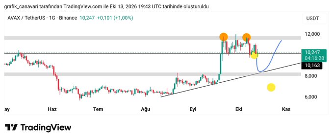 A TradingView candlestick chart for AVAX/USDT on Binance shows the price rising to 10,247, with orange and yellow circle annotations and a blue trend line marked on the graph.