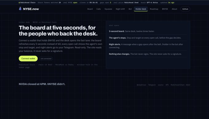 A dark-themed website screenshot for NYSE.now promoting a fast order book with the tagline 'The board at five seconds, for the people who back the desk,' showing a sample of the trading interface.