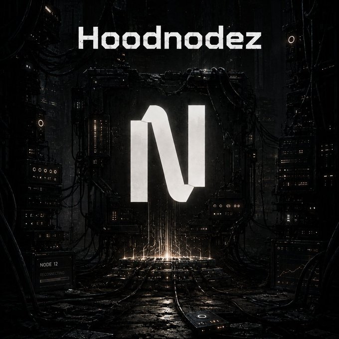 A dark, futuristic cyberpunk-style digital artwork featuring the text 'Hoodnodez' above a large stylized 'N' logo, with a server room background and 'NODE 12 RECONNECTING' text.