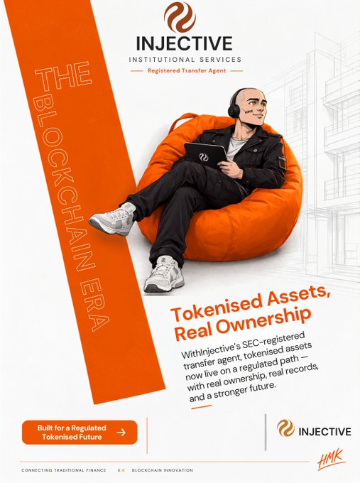 An Injective advertisement promotes "Tokenised Assets, Real Ownership" featuring an illustrated man with a tablet sitting in an orange bean bag, branded "THE BLOCKCHAIN ERA."
