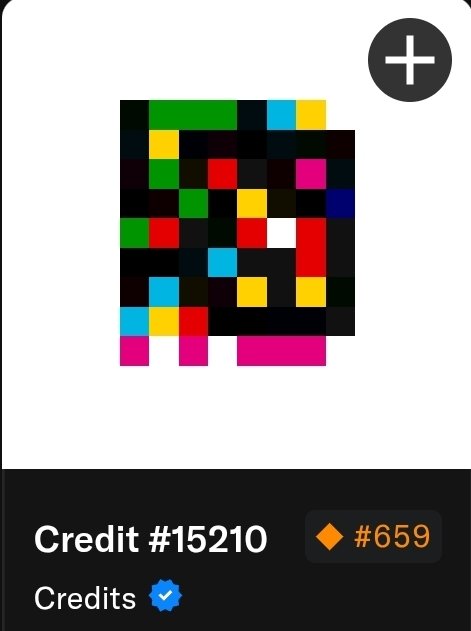 A screenshot from a mobile app showing a colorful pixel-art NFT, labeled 'Credit #15210' with a price tag of #659.