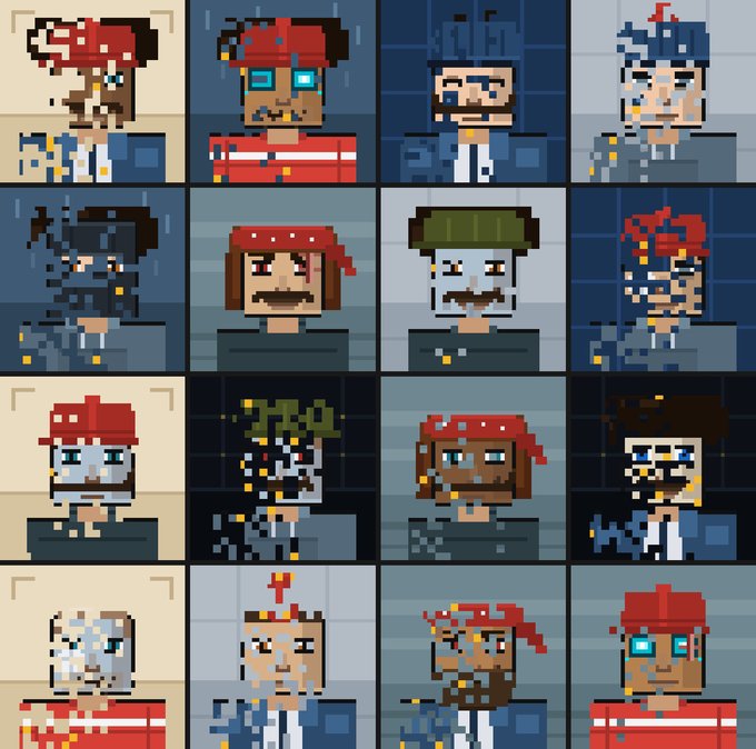 A 4x4 grid of pixel art portraits showing various character faces with different colored bandanas, hats, and beard styles.