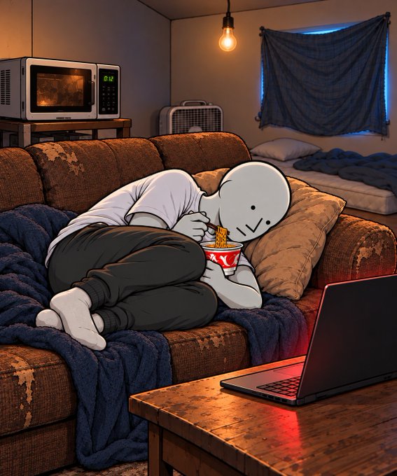 An illustration depicts a white cartoon character lying on a worn brown couch eating instant noodles from a cup while watching a laptop in a dimly lit room.