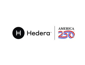 A clean white logo card showing the Hedera (HBAR) symbol alongside an 'America 250' anniversary emblem.