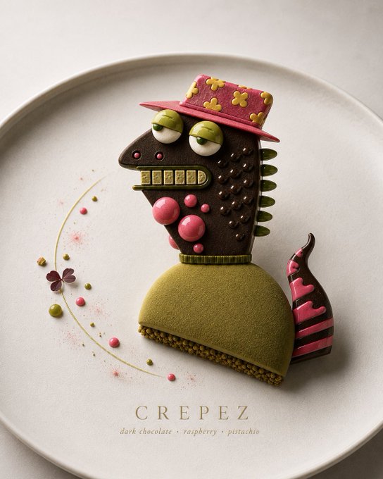 An artistic pastry or chocolate sculpture on a white plate depicting a creature wearing a pink hat with green eyes, labeled "CREPEZ dark chocolate · raspberry · pistachio".