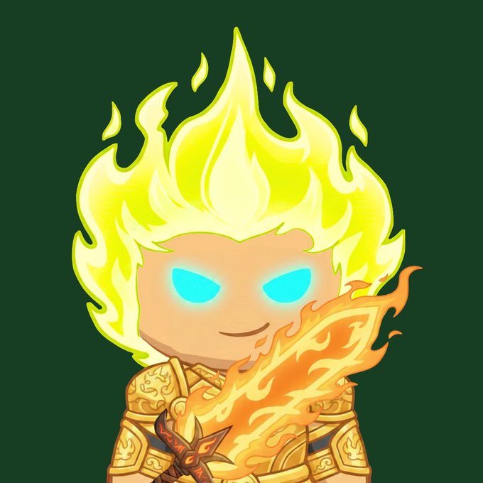 A digital illustration of a chibi-style character with glowing yellow flame-like hair, bright cyan eyes, wearing ornate gold armor, and holding a fiery orange weapon.