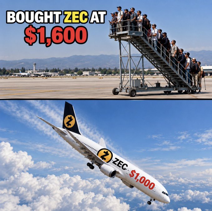 A split image showing a group of people crowded on an airport boarding stairway at the top, captioned "BOUGHT ZEC AT $1,600," and a ZEC-branded airplane flying through the clouds at the bottom, labeled "ZEC $1,000," visually mocking investors who bought Zcash near its peak and now watch its value drop to $1,000 rather than the $20K they hoped for.