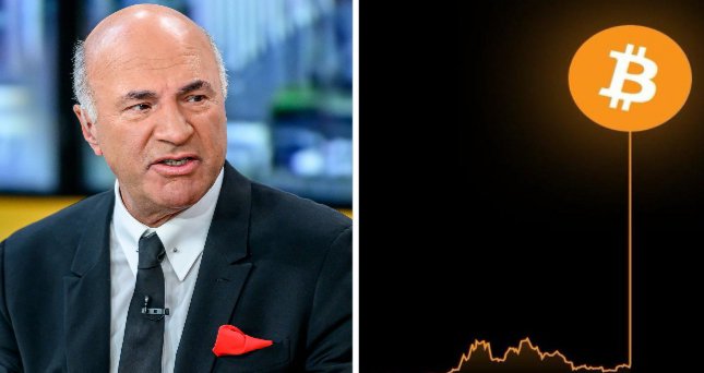 Kevin O'Leary appears on the left side of the split image, shown speaking in a suit with a red pocket square, while the right side displays a Bitcoin logo hovering above a downward-trending price chart on a black background, visually reinforcing his prediction that institutional—not retail—investors will drive the next wave of Bitcoin demand once U.S. crypto regulations are established.