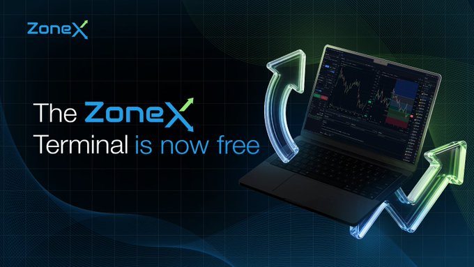 Promotional graphic for ZoneX featuring a laptop with trading charts and glowing arrows, alongside the text “The ZoneX Terminal is now free.” It supports the post’s message that users can connect their own exchange, retain control of their keys and assets, and trade across CEXs and perpetual DEXs via zonex.trading.