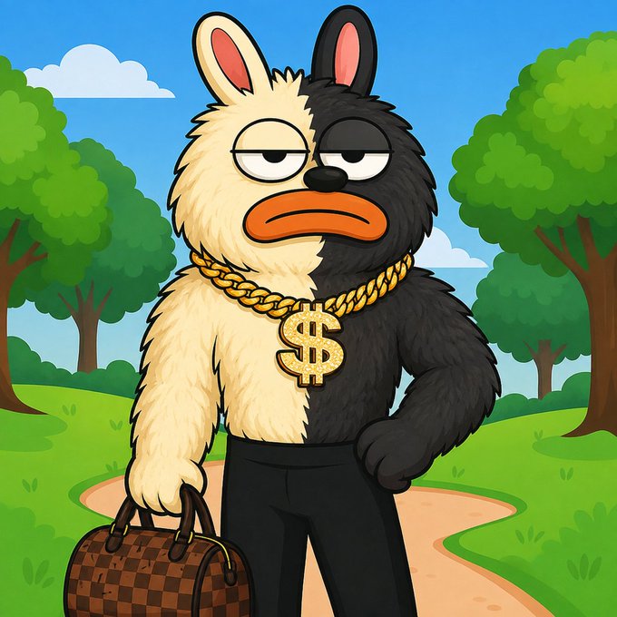 A cartoon character with a half-cream, half-black furry rabbit-like body, wearing a gold dollar-sign chain and carrying a checkered bag, stands in a cartoon park setting. The image serves as a bold, eye-catching mascot to promote a Solana $SOL airdrop offering 200,000 $BORO tokens, lending a flashy, money-themed vibe to the giveaway post.