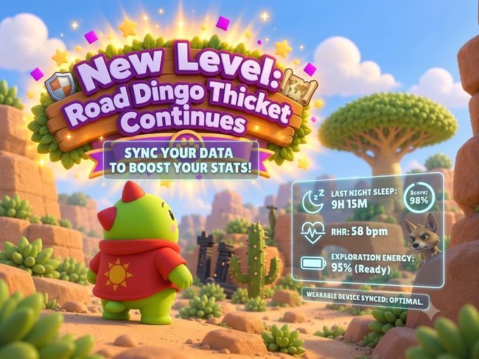 A video game or app screen displays 'New Level: Road Dingo Thicket Continues' with the text 'SYNC YOUR DATA TO BOOST YOUR STATS!' alongside stats including 'LAST NIGHT SLEEP: 9H 15M', 'RHR: 58 bpm', and 'EXPLORATION ENERGY: 95% (Ready)'.