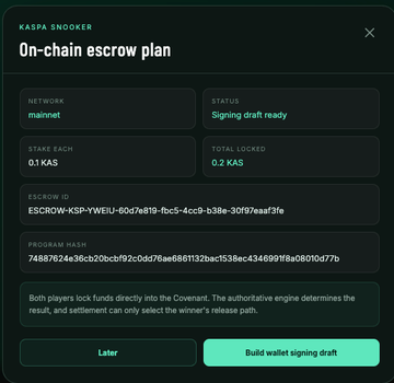 A modal titled "On-chain escrow plan" for a Kaspa Snooker game shows the mainnet network with a "Signing draft ready" status, locking 0.1 KAS from each player (0.2 KAS total) into escrow with auto-generated escrow ID and program hash, illustrating the SDK's player-funded covenant escrow and on-chain settlement flow.