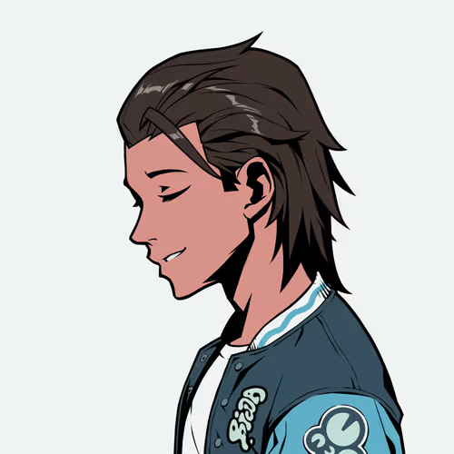 Profile illustration of a smiling young man with brown hair, wearing a blue and white letterman-style jacket.