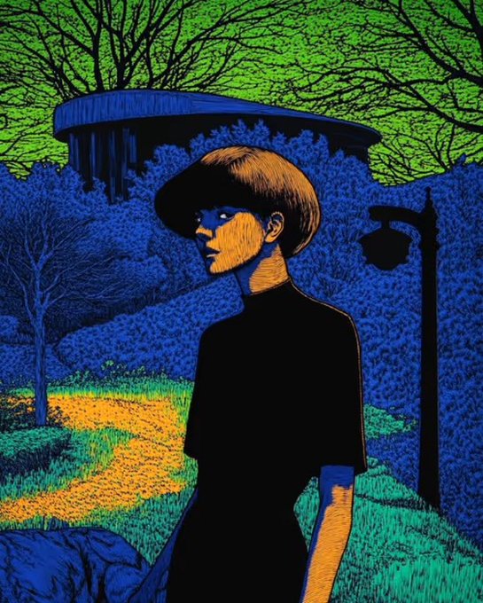 A colorful illustration in a psychedelic style depicts a person with short brown hair standing in front of blue foliage and trees under a green sky, with a traditional Asian building in the background.