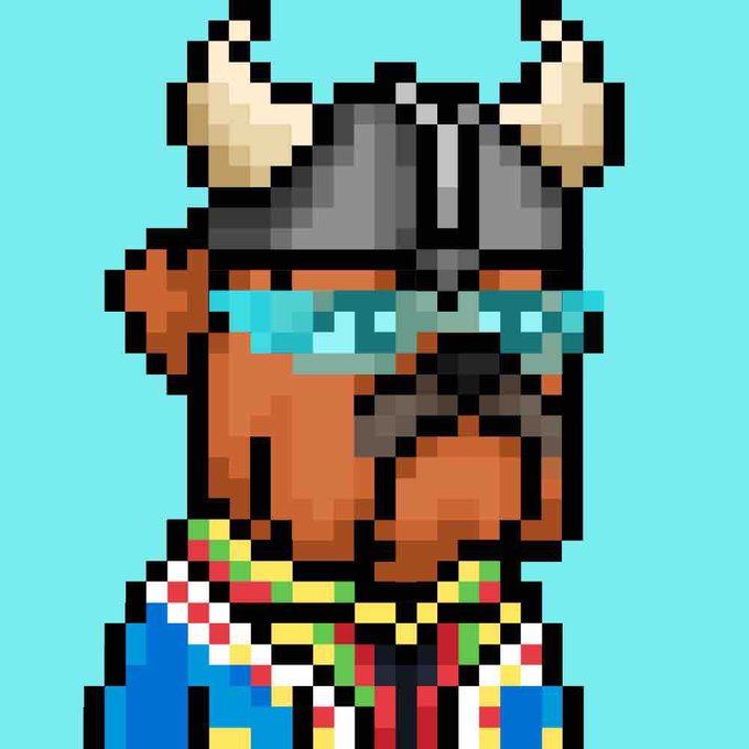 A pixel art illustration of a Viking-like character with a horned helmet, blue goggles, a beard, and a colorful beaded necklace against a cyan background.