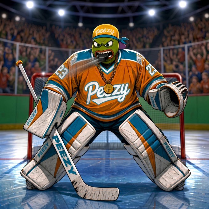 An illustration of a hockey goalie wearing an orange jersey with "Peezy" on the cap and chest, in a ready stance on the ice in front of a goal.