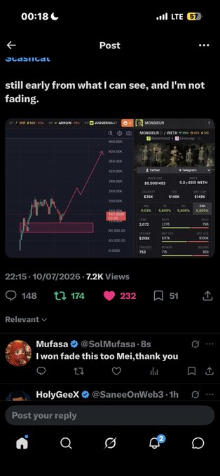 A Twitter/X post by StashCat showing a cryptocurrency chart for BTC/USD with a price near $62,000 and a caption reading 'still early from what I can see, and I'm not fading.'