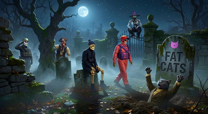 The image features a group of people dressed up as zombies, walking through a graveyard at night with a sign that says "Fat Cats" above them. The scene includes a tombstone, graveyards, trees, and a full moon. The focus on the zombie characters and their actions in this spooky setting creates an eerie atmosphere, which is consistent with the post's title.