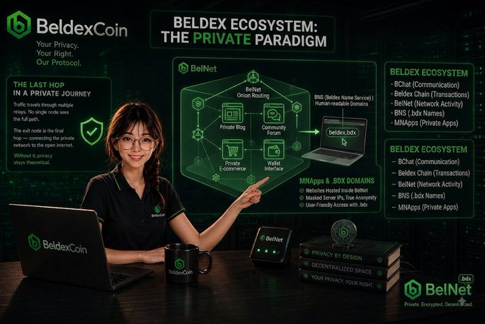 A promotional graphic for BeldexCoin featuring a woman presenting the 'Beldex Ecosystem: The Private Paradigm,' outlining BelNet, BChat, BelDex, BNS, and MNapps services.