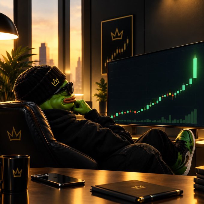 A Pepe the Frog character wearing a black beanie and sunglasses lounges in an office chair, looking at a green candlestick trading chart on a monitor at sunset.