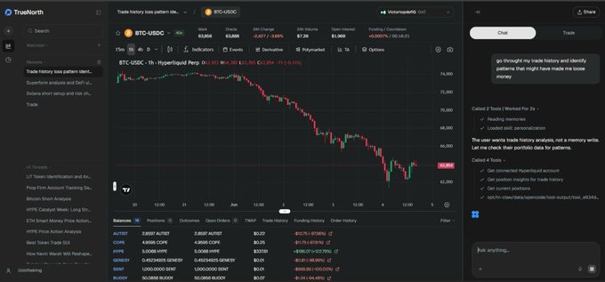 The image shows a trading dashboard of an online trading platform called Truenorth Trading. The background of the image displays a black screen with various information displayed such as price graphs and chat windows. The focus of the image, however, is on two specific items – the trading system itself and a quote from "VICTOR" who has posted about the platform. 

In the quote, "truenorth trading just went live on hyprometry and it's actually very sleek. It' s giving variational 2.0 vibes", it seems that Truenorth Trading has recently gone live with its new trading system and is receiving positive feedback in terms of aesthetics. The image also mentions two invite codes for users to explore the platform more deeply, which could be useful for those who want to learn about the system or its features before fully committing to using it.