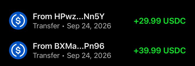 Two USDC transfer notifications showing +29.99 USDC and +39.99 USDC received on Sep 24, 2026 from addresses starting with HPwz...Nn5Y and BXMa...Pn96.
