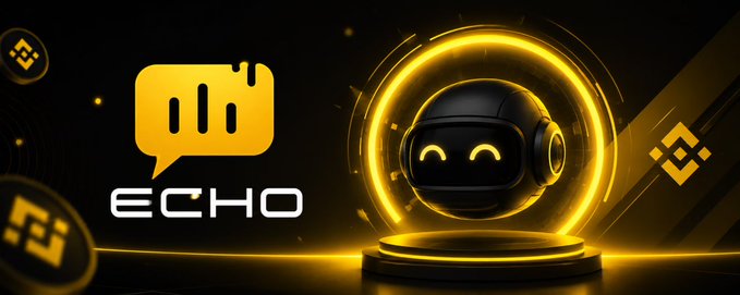 A sleek promotional graphic features a black robot character with glowing yellow eyes and headphones, displayed inside a circular yellow frame on a podium, alongside the bold "ECHO" logo with a chat bubble icon and Binance symbols in the corners, visually reinforcing the post's introduction of ECHO (@EchoAgent_BNB) as an AI-powered marketing agent on BNB Chain.