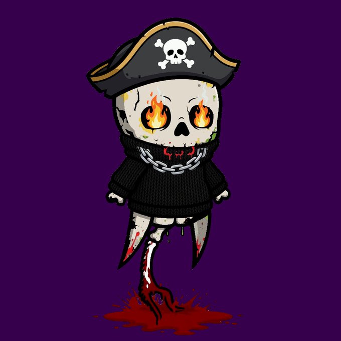 A cartoon illustration of a small skeleton character wearing a pirate hat with a skull and crossbones, a black sweater, and chains around its neck, with fire for eyes, standing in a pool of blood against a purple background.