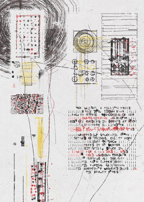 Artwork or painting featuring mixed media with handwritten text, geometric shapes, a yellow circle, and the phrase "WRAPPED" along with philosophical text including "WONDERFUL DAYS ARE STILL BEAUTY COMES."