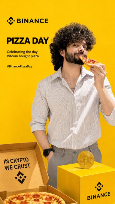The image features a man eating pizza, with a box of pizza next to him. The background of the image has a yellow color scheme, which complements the pizza box. The caption for this image reads "Pizza Day", indicating that it is related to Bitcoin and Binance. The post also mentions that the man is fashionably late to Pizza Day, adding a playful touch to the overall theme.