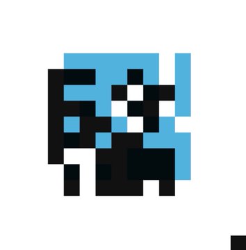 A pixel art image of a small character or creature with black and white pixels and blue accents on a white background.