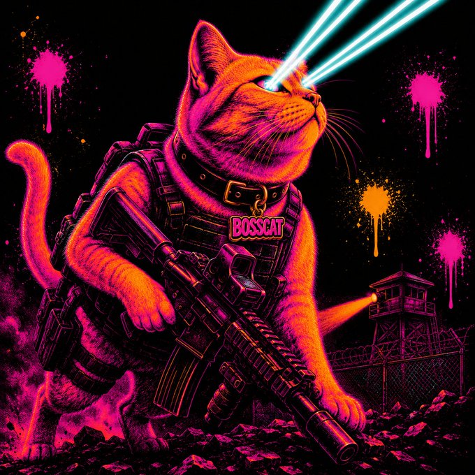 A neon-style illustration of a cat labeled 'BOSSCAT' wearing tactical gear and firing a rifle, with blue laser beams shooting from its eyes, set against a dark background with pink and orange paint splatters and a guard tower.