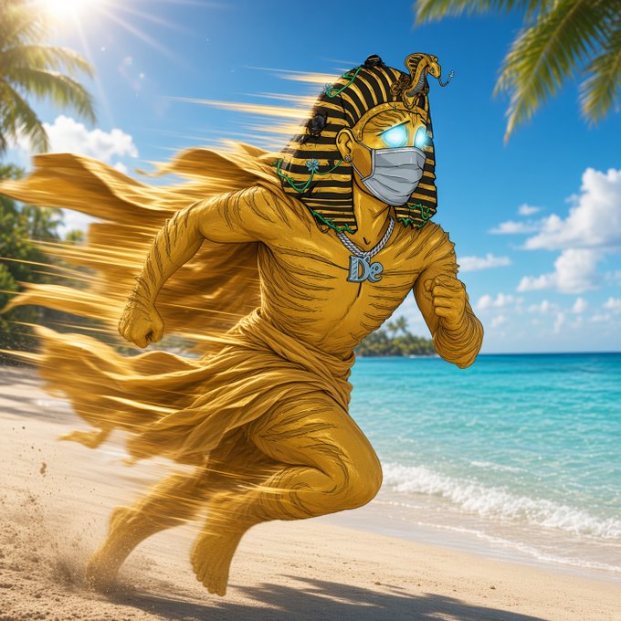 A muscular anthropomorphic Egyptian pharaoh character with glowing blue eyes and a face mask sprints across a tropical beach, wearing a silver chain with a pendant reading "DG." The image ties to the $100 giveaway post by featuring "DG" (likely an acronym for a crypto project) as the giveaway sponsor's branding, with the character symbolizing fast-paced, high-energy promotion of the $SOL drop.
