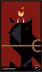 A minimalist red and black illustration of a black cat holding a trident-like staff, with 'LAZEEYCAT' and 'NFT CLUB' text visible at the bottom.