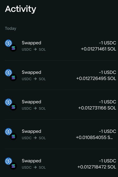 Activity log showing multiple cryptocurrency swap transactions converting USDC to SOL, with each swap of 1 USDC yielding small amounts of SOL (around 0.0127 SOL per transaction).