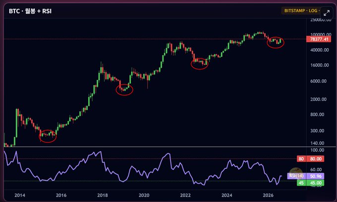 A financial chart titled 'BTC - 월봉 + RSI' from BITSTAMP showing a candlestick price history with red circles marking key points, alongside a purple RSI indicator line at the bottom.