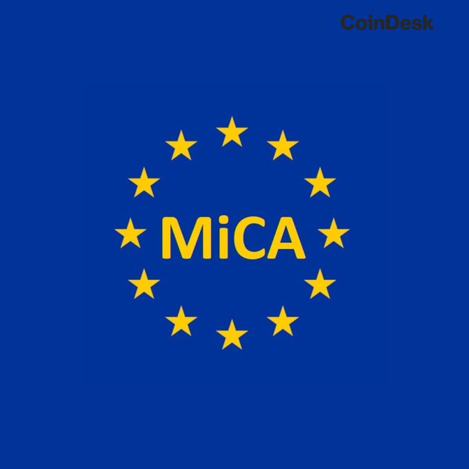 The image features a blue background with a ring of 12 yellow stars encircling the text "MiCA," referencing the European Union's Markets in Crypto-Assets regulation, visually reinforcing the post's announcement that Ripple has secured a license under this framework to operate in the EU. The CoinDesk logo appears in the top right corner, indicating the source of the news.